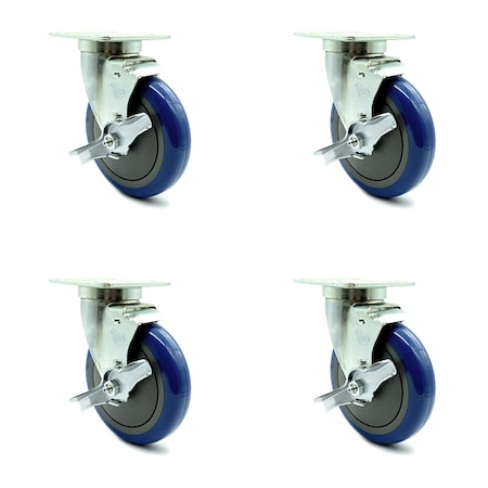 Service Caster Universal Kitchen Casters - 5" Blue Wheel - 4 Swivel w/Brake SCC-20S514-PPUB-BLUE-TLB-TPU1-4